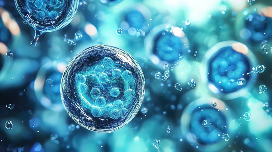 A rendering of transparent cells on a blue background
